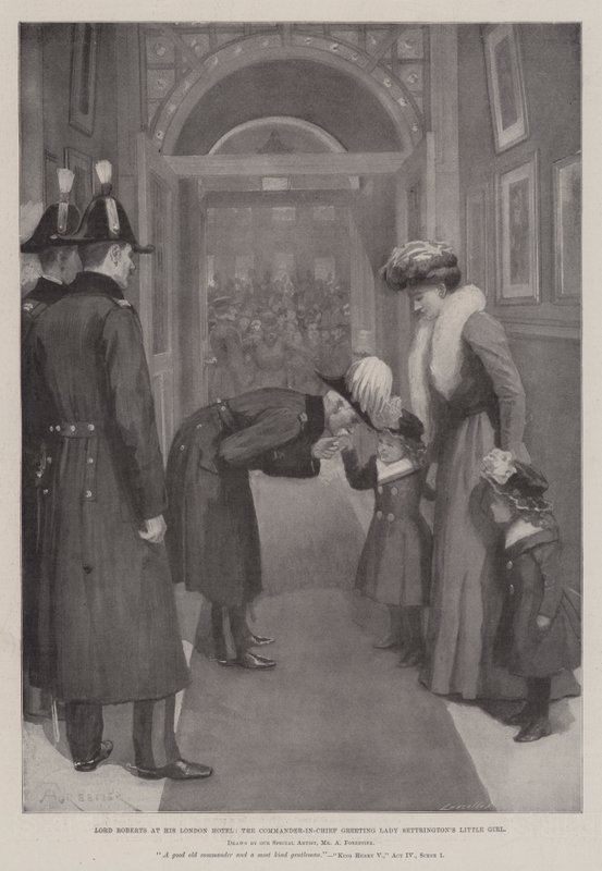 Lord Roberts in zijn Londense hotel, de opperbevelhebber begroet het kleine meisje van Lady Settrington door Amedee Forestier