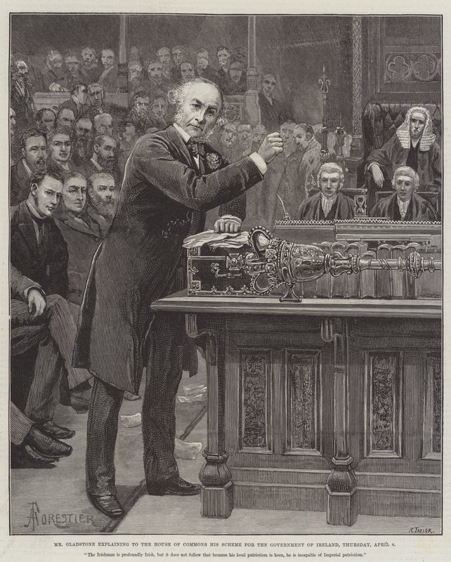 Mr Gladstone legt zijn Plan voor de Regering van Ierland uit aan het Lagerhuis, donderdag 8 april door Amedee Forestier