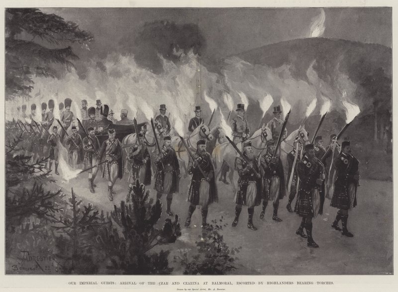 Onze keizerlijke gasten, aankomst van de tsaar en tsarina in Balmoral, begeleid door Highlanders met fakkels door Amedee Forestier