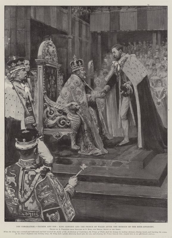 De kroning, vader en zoon, koning Edward en de prins van Wales na de hulde van de erfgenaam door Amedee Forestier