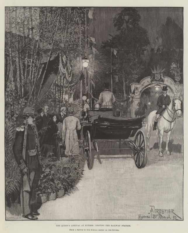 De Aankomst van de Koningin in Hyeres, het Verlaten van het Treinstation door Amedee Forestier