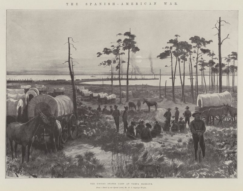 De Spaans-Amerikaanse Oorlog, het kamp van de Verenigde Staten bij Tampa Harbour door Amedee Forestier