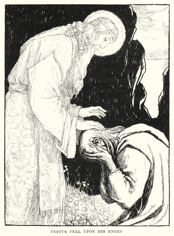 Festus viel op zijn knieën (gravure) door Amelia M. (attr.to) Bowerley or Bauerle