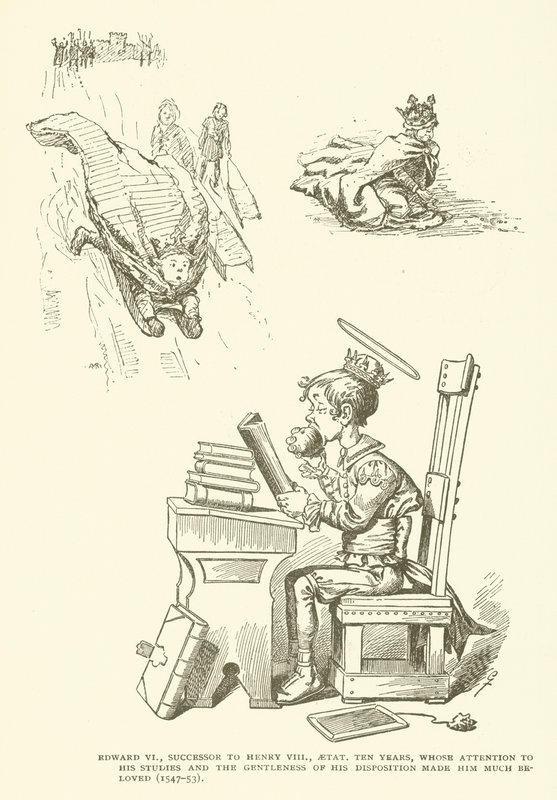 Edward VI, opvolger van Henry VIII, tien jaar oud, wiens aandacht voor zijn studies en de zachtheid van zijn karakter hem zeer geliefd maakten (1547-53) door American School