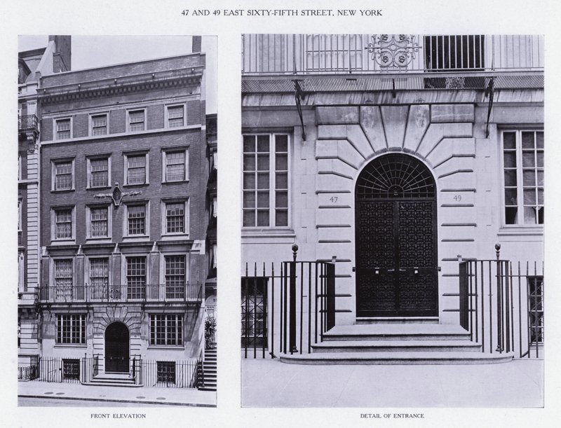 Charles A Platt: 47 en 49 East Sixty-Fifth Street, New York, Vooraanzicht, Detail van Ingang door American Photographer (after)