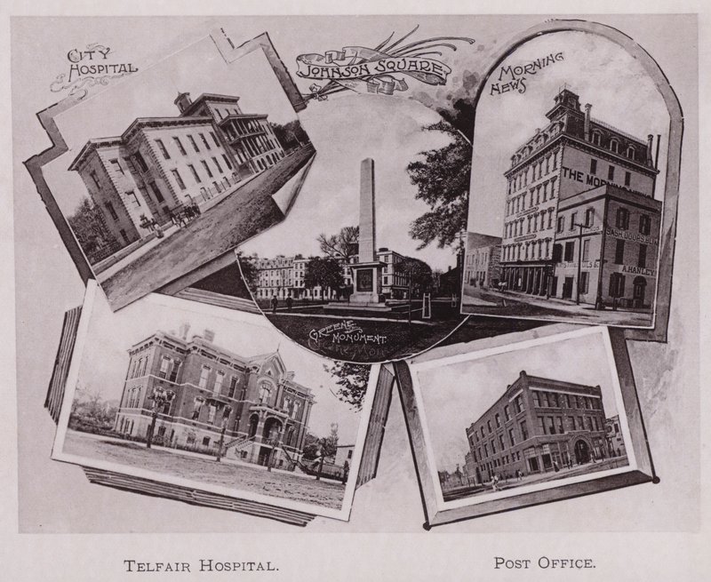 City Hospital; Johnson Square; Greene Monument; Morning News, Telfair Hospital, Postkantoor door American Photographer (after)