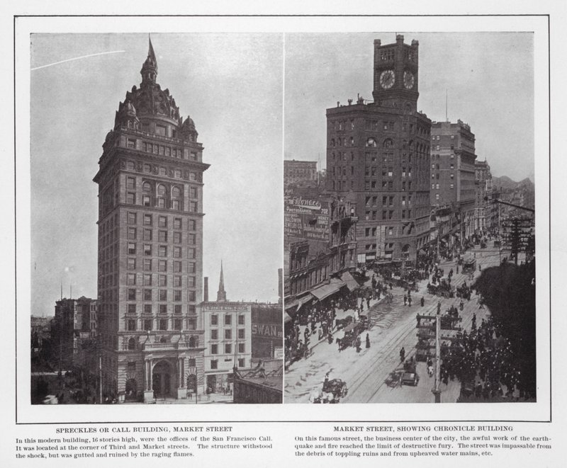 San Francisco: Spreckles of Call Building, Market Street; Market Street, met Chronicle Building (zw/w foto) door American Photographer (after)