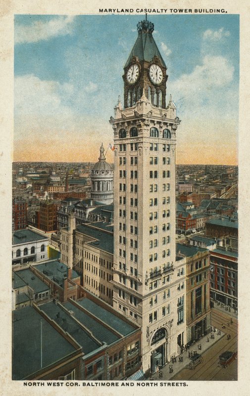 Baltimore, MA: Maryland Casualty Tower-gebouw, noordwestelijke hoek Baltimore and North Streets (kleurenfoto) door American Photographer