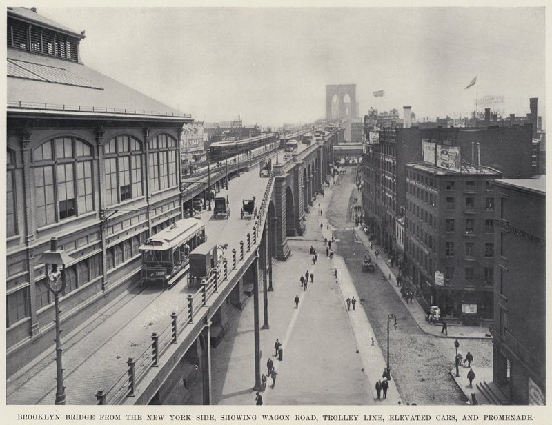 Brooklyn Bridge vanaf de New York kant, toont wagenweg, trolley lijn, verhoogde auto
