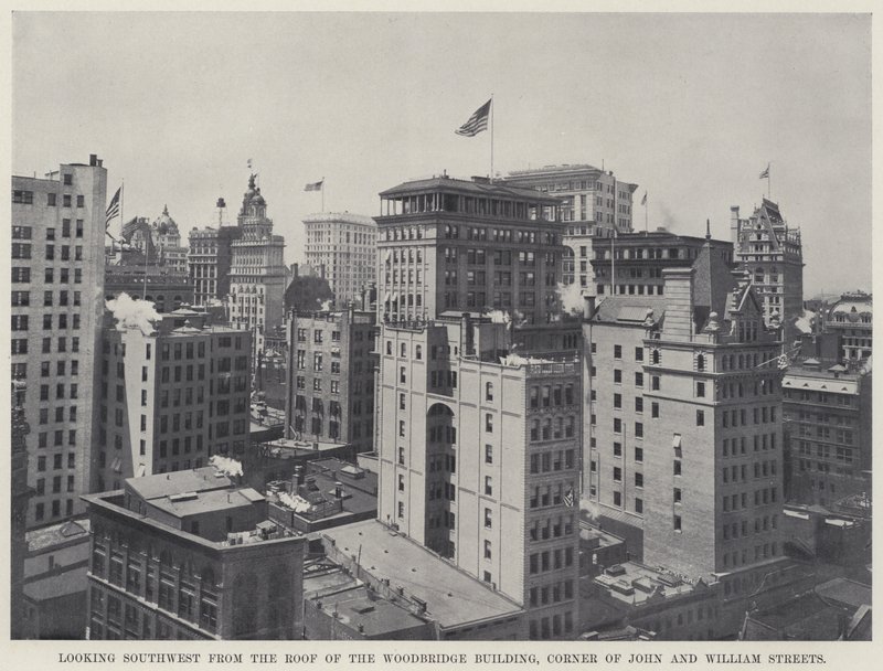 Kijkend naar het zuidwesten vanaf het dak van het Woodbridge Building, hoek van John en William Streets door American Photographer