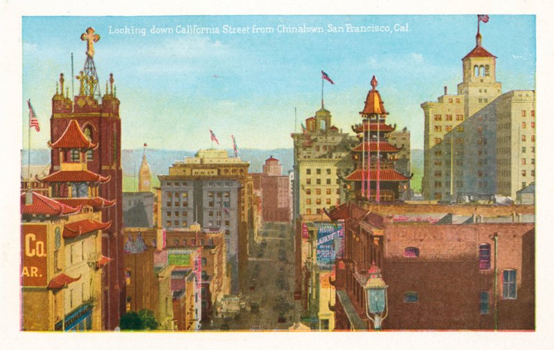 Uitzicht op California Street vanuit Chinatown, San Francisco, Californië (ingekleurde foto) door American Photographer