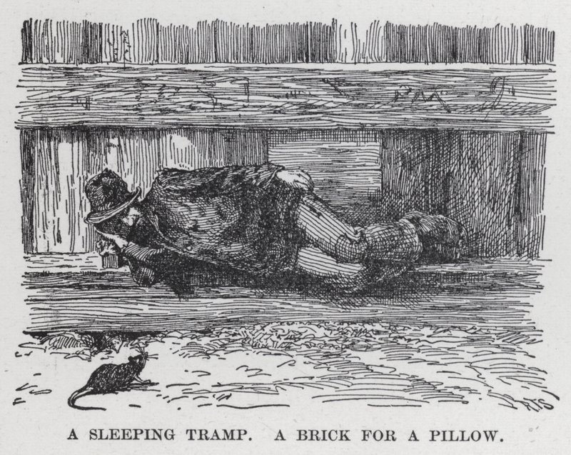 Een slapende zwerver, een baksteen als kussen (litho) door American School