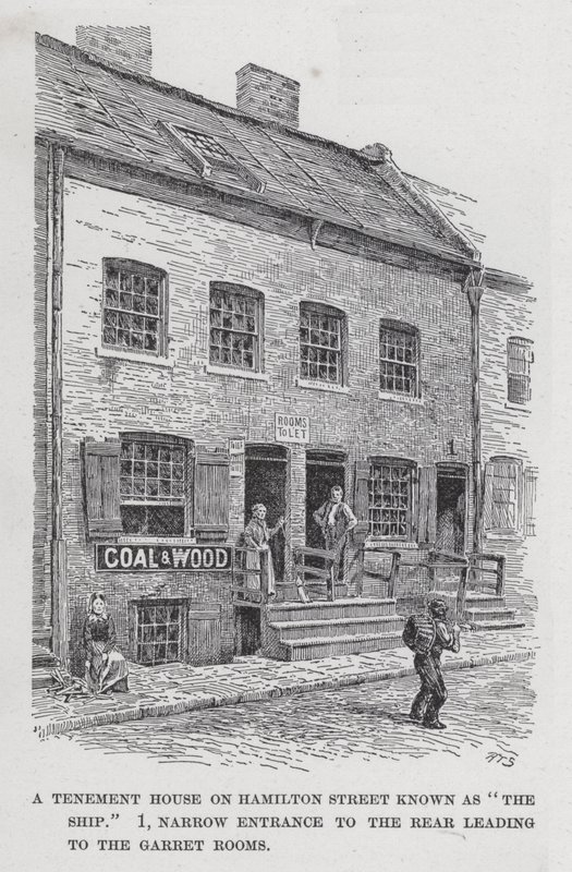 Een huurkazerne op Hamilton Street bekend als "Het Schip," 1, smalle ingang naar de achterzijde leidend naar de zolderkamers (litho) door American School
