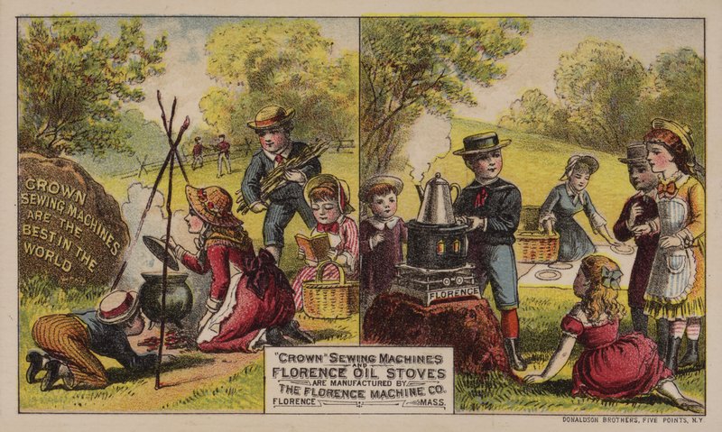 Amerikaanse handelskaart die naaimachines en oliekachels adverteert, vervaardigd door de Florence Machine Company, Massachusetts, ca. 1880s door American School