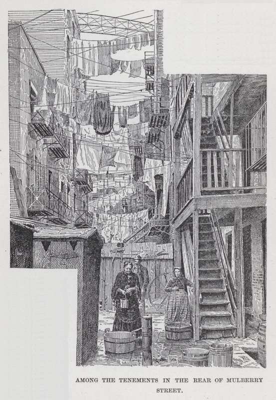 Onder de huurkazernes achter Mulberry Street (litho) door American School