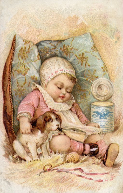 Baby met puppy drinkend uit fles, advertentie voor geconserveerde melk door American School