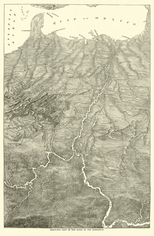 Vogelvlucht van het bekken van de Mississippi, 1862 door American School