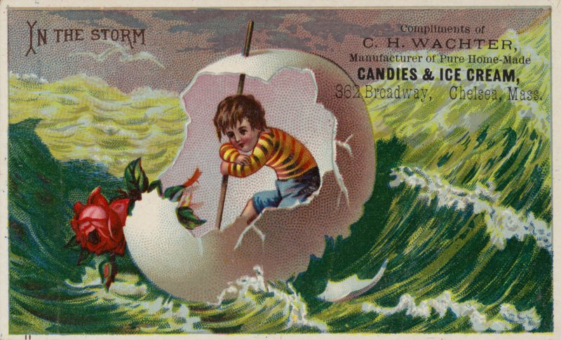 Jongen rijdt op de golven in gebroken eierschaal, In de storm door American School