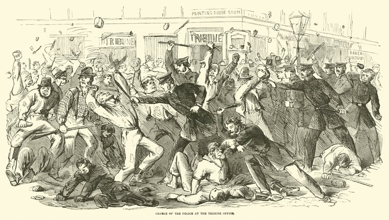 Aanval van de politie bij het Tribune Office, juli 1863 door American School