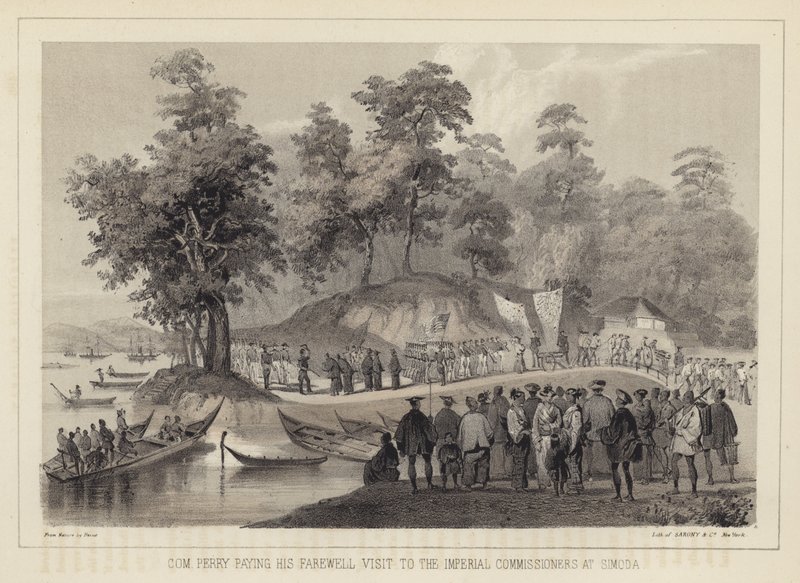 Commodore Perry brengt zijn afscheidsbezoek aan de keizerlijke commissarissen in Simoda, Japan door American School