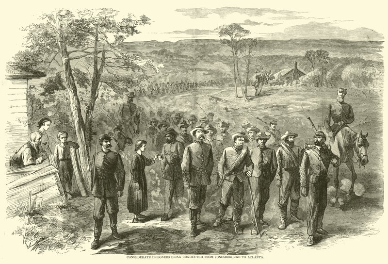 Geconfedereerde gevangenen worden van Jonesborough naar Atlanta gebracht, september 1864 door American School