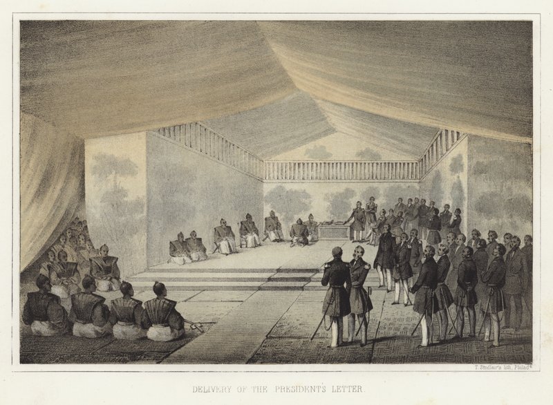 Overhandiging van de brief van de president, Kurihama, Japan, 14 juli 1853 door American School
