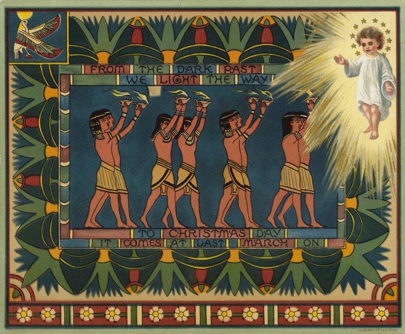 Egyptisch-thema Kerstkaart, toont hoe het Verleden leidde tot Jezus Christus door American School