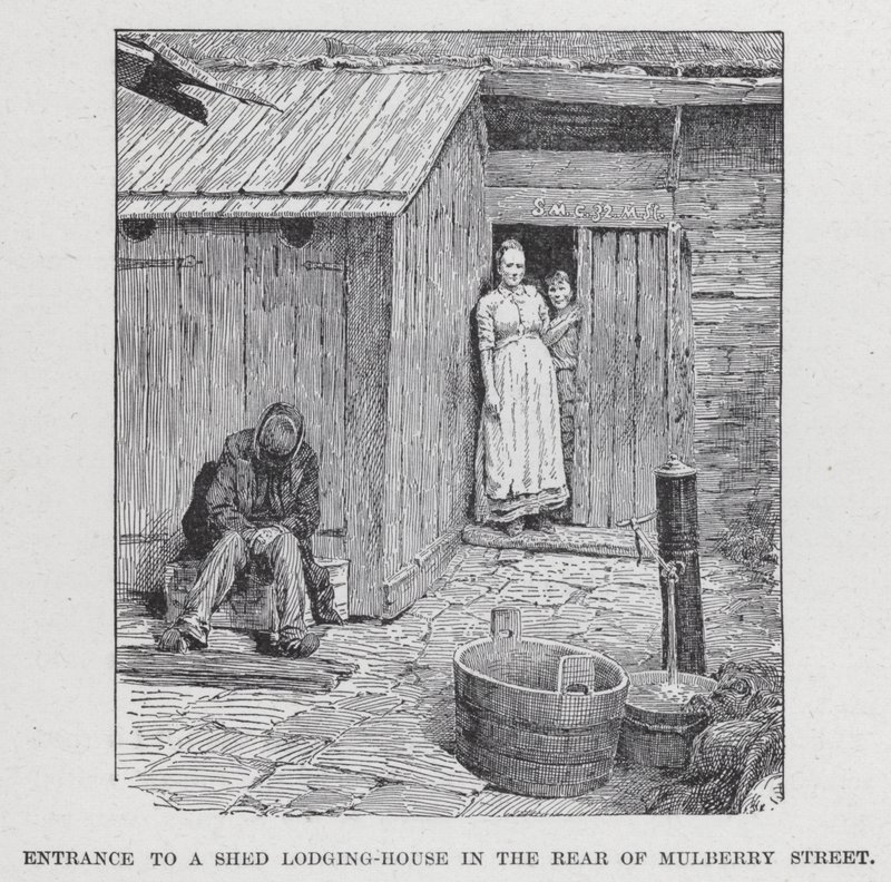 Ingang naar een schuur logeerhuis achter Mulberry Street (litho) door American School