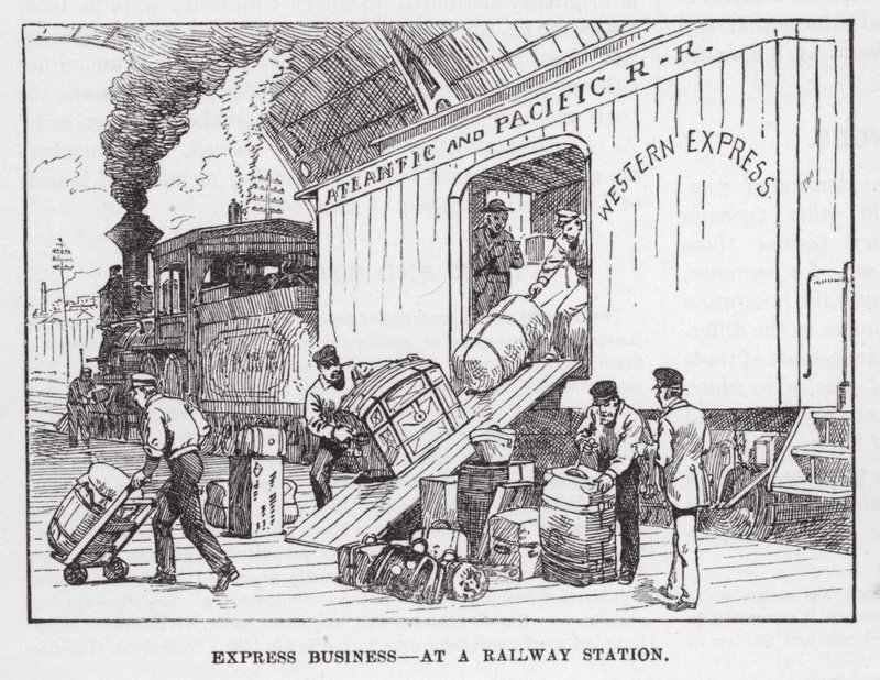 Expresbedrijf, op een Treinstation (gravure) door American School