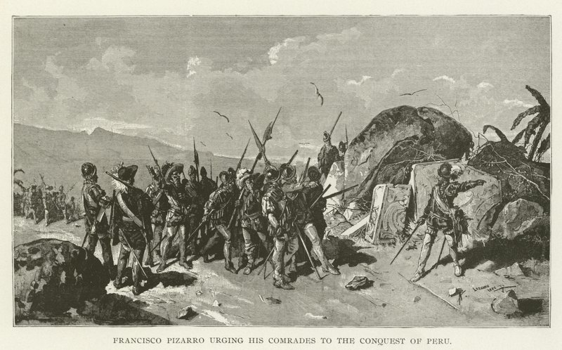 Francisco Pizarro spoort zijn Kameraden aan tot de Verovering van Peru door American School