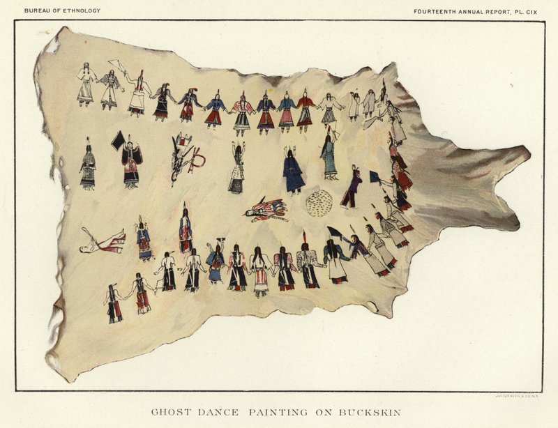 Ghost dance schilderij op buckskin door American School