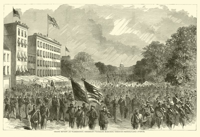Grote review in Washington, Shermans veteranen marcheren door Pennsylvania Avenue, mei 1865 door American School