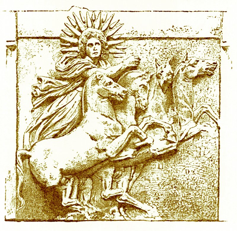 Helios op zijn wagen, illustratie uit History of Greece door Victor Duruy, gepubliceerd 1890 door American School