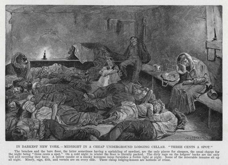In het donkerste New York, middernacht in een goedkope ondergrondse slaapkelder, "drie cent per plek" (litho) door American School