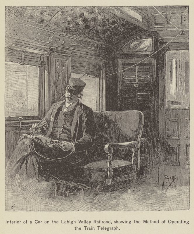 Interieur van een wagon op de Lehigh Valley Railroad, met de methode van het bedienen van de trein telegraaf door American School