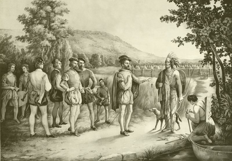 Jacques Cartier, zijn eerste ontmoeting met de Indianen in Hochelaga nu Montreal in 1535, ca. 1850 door American School