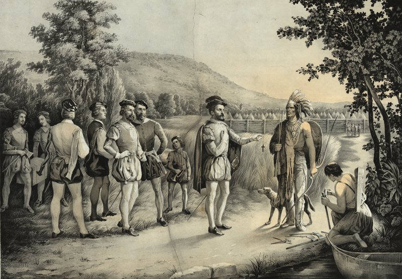 Jacques Cartier, zijn eerste ontmoeting met de Indianen in Hochelaga nu Montreal in 1535, ca. 1850 door American School