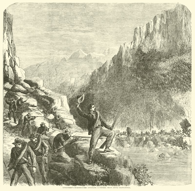 Longstreets scherpschutters aanvallen een federale trein boven Chattanooga, oktober 1863 door American School
