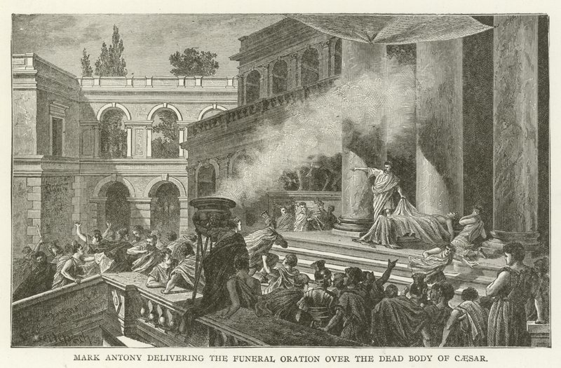 Marcus Antonius houdt de lijkrede over het dode lichaam van Caesar door American School