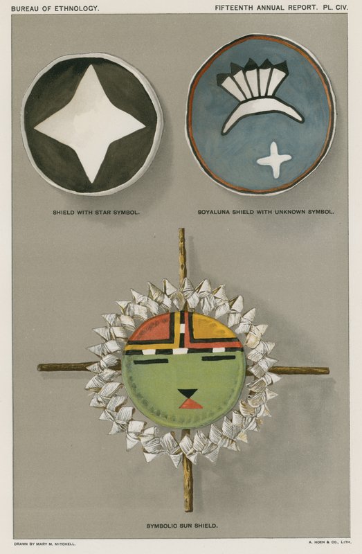 Inheemse Amerikaanse schilden - schild met stersymbool, Soyaluna schild met onbekend symbool, symbolisch zonneschild door American School