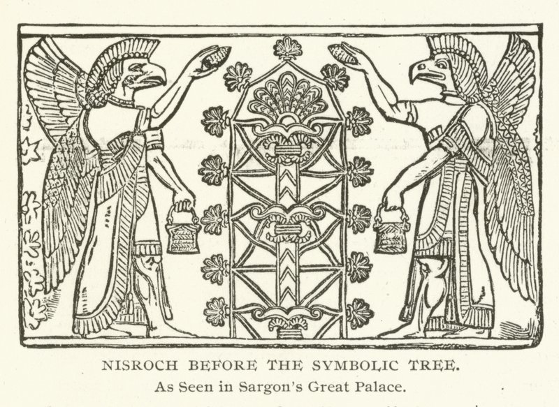 Nisroch voor de symbolische boom, zoals te zien in het Grote Paleis van Sargon door American School