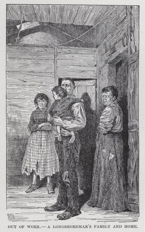 Werkloos, een havenarbeidersfamilie en hun huis (litho) door American School