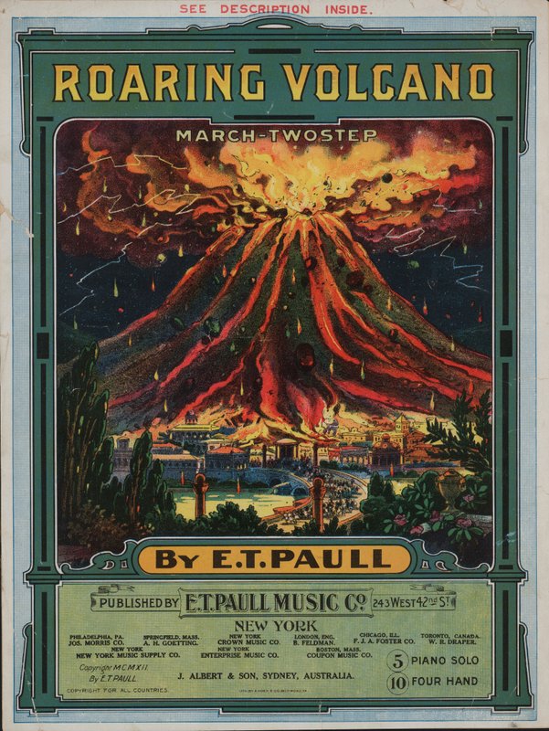Bulderende vulkaan (kleurenlitho) door American School