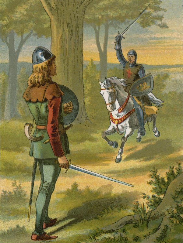 Robin Hood stopt de ridder in zwarte wapenrusting door American School