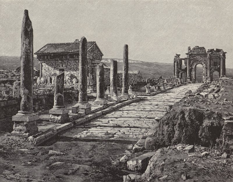 Ruïnes van de Romeins-Berberse stad Timgad (oud Thamugas), Algerije (gravure) door American School