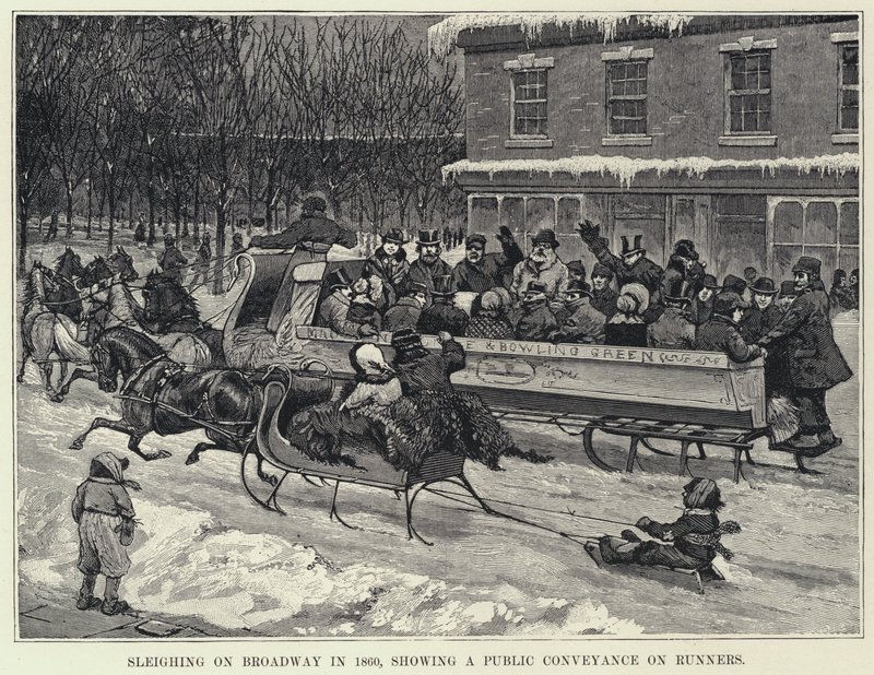 Sleetje rijden op Broadway in 1860, toont een openbaar vervoermiddel op lopers door American School