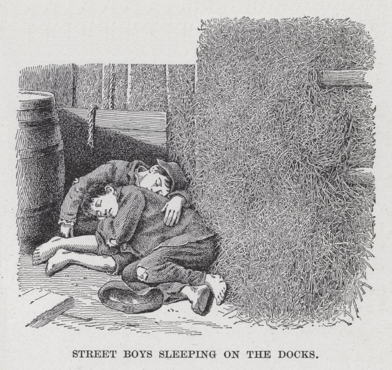 Straatjongens slapen op de dokken (litho) door American School