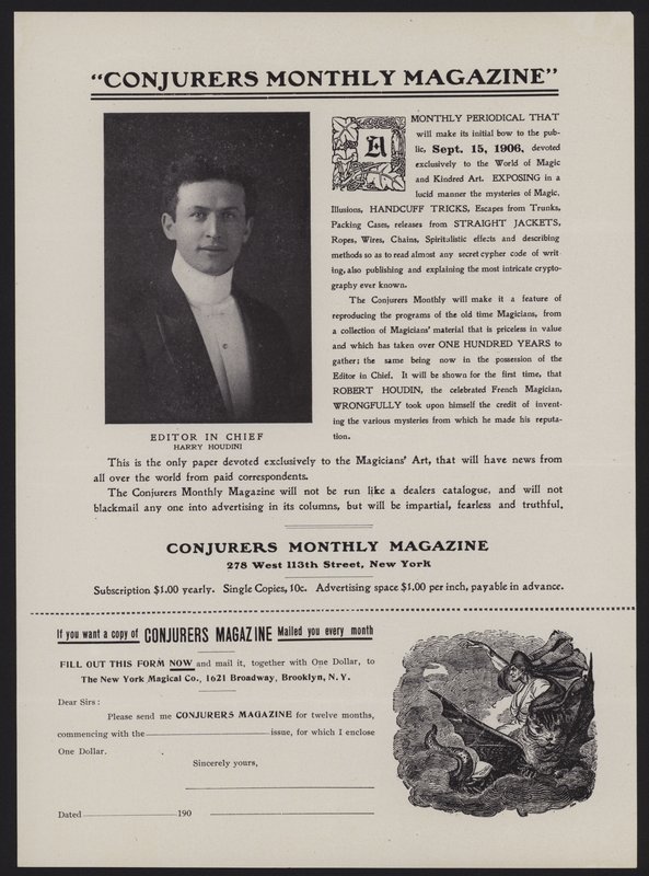 Inschrijvingsformulier voor Conjurers Monthly Magazine, hoofdredacteur Harry Houdini (litho) door American School