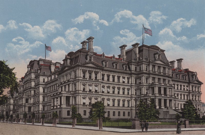 Het Staats-, Oorlogs- en Marinegebouw, Washington DC (kleurenlitho) door American School