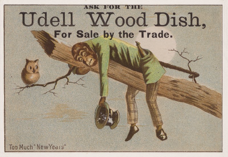 Te veel Nieuwjaar, handelskaart die Udell houten schalen adverteert door American School